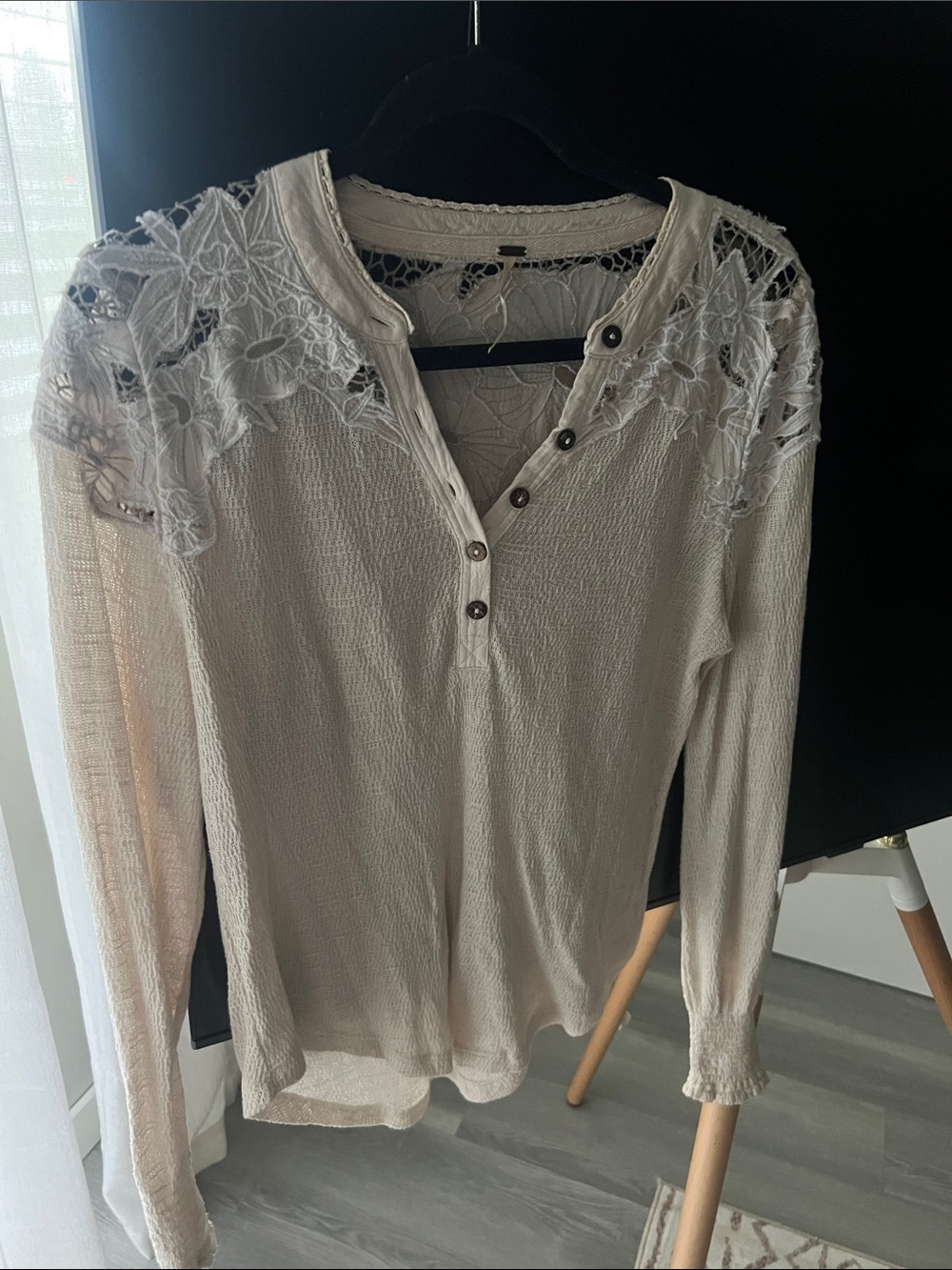 Free People Cream Lace-Yoke Long Sleeve Henley
